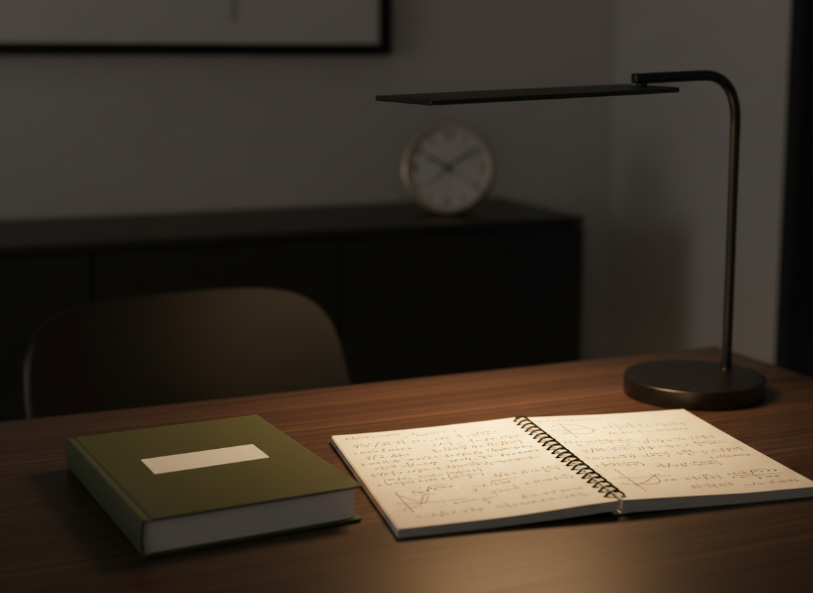 A serene evening study scene featuring a closed French secondary school math textbook with a simple, non-readable title, resting beside a notebook densely filled with equation layouts and graph sketches, all illegible as text. A minimalist metal desk lamp casts a warm, focused pool of light over the work area, leaving the rest of the modern, uncluttered room subtly in shadow. A small analog clock in the background shows late study hours without specific numbers emphasized. Photographic realism at a low oblique angle, with a moderate depth of field drawing attention to the lit materials. The atmosphere is calm, determined, and quietly ambitious, evoking dedicated maths revision to secure a stronger Parcoursup position.