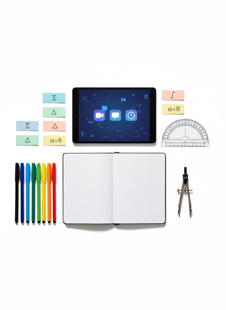 An overhead photographic view of a carefully curated maths tutoring starter kit laid out on a pristine white surface: a squared notebook open to a clean first page, a set of colored fine-liner pens arranged in a gradient, a transparent protractor and compass, sticky flags marking different maths topics, and a tablet displaying an abstract, icon-based interface for online sessions. No text is readable, only symbols and visual cues. Bright, diffused daylight from above ensures soft shadows and vibrant yet professional colors. The composition is balanced and symmetrical, creating a sense of order and clarity. The mood is welcoming, fresh, and motivating, perfectly suited to a professional service helping French students begin structured maths support for Parcoursup success.