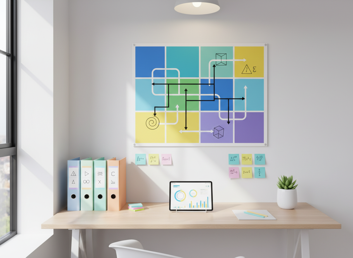A sophisticated planning corner for Parcoursup preparation, featuring a large wall calendar with color blocks and arrows instead of readable text, pinned above a desk covered in organized maths revision materials: topic-labeled binders (with abstract symbols only), pastel sticky notes, and a tablet showing a progress-tracking dashboard of abstract charts and completion rings. The environment is a bright, modern room with a clean white wall and a small green plant adding a touch of life on the desk. Natural daylight pours in from the side, enhanced by a subtle overhead glow, creating clear, crisp contrasts. Photographic realism from a slightly elevated wide angle, capturing the entire planning zone in sharp detail. The mood is structured, optimistic, and goal-oriented, suggesting a clear roadmap to improving maths grades and Parcoursup ranking.