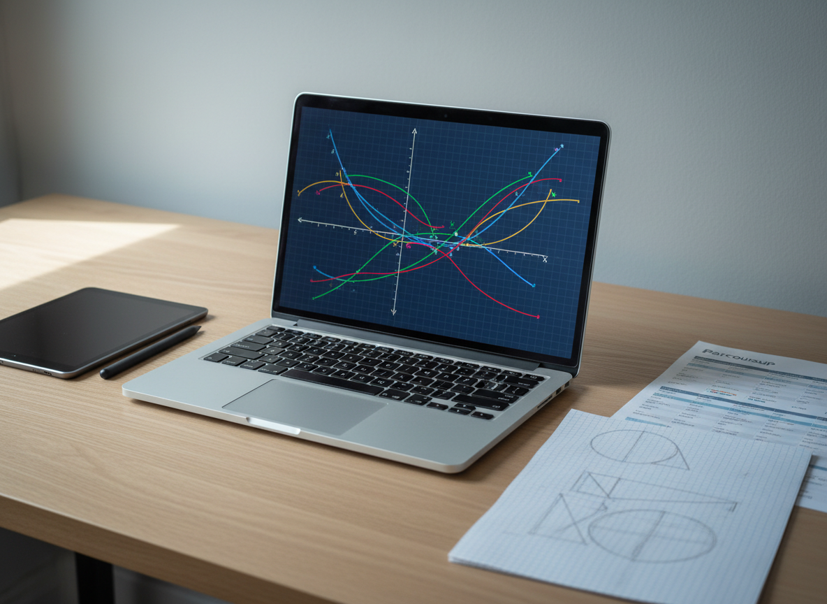 An orderly digital workspace showing a high-resolution laptop screen displaying a detailed, text-free math graphing interface with colorful curves, axes, and plotted points, symbolizing advanced maths problem solving. Around the laptop lie a tablet with a stylus, squared paper filled with geometric sketches, and a printed non-readable Parcoursup-style dashboard layout. The setting is a tidy, contemporary desktop with light oak texture and a neutral wall background. Soft, cool-toned daylight from a nearby unseen window highlights the metallic edges of the laptop and the smooth surface of the tablet. Photographic realism at a slightly elevated three-quarter angle, with a moderate depth of field keeping all study tools clearly visible. The mood is efficient, modern, and reassuring, emphasizing structured online maths support for academic success.