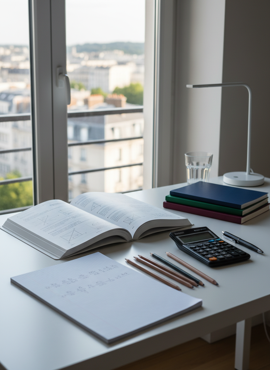 A clean, modern study desk arranged for intensive mathematics revision, featuring an open French lycée math textbook filled with graphs and equations, neatly stacked ruled notebooks, sharpened pencils, and a scientific calculator with a softly glowing display. The desk sits near a large window overlooking a blurred urban French neighborhood, suggesting a student home. Soft afternoon natural light illuminates the pages, creating gentle shadows and subtle reflections on a smooth white tabletop. Shot at eye level in photographic realism with a shallow depth of field, the foreground materials in sharp focus and the background softly out of focus. The mood is calm, focused, and professional, evoking efficient maths learning and serious preparation for Parcoursup rankings.