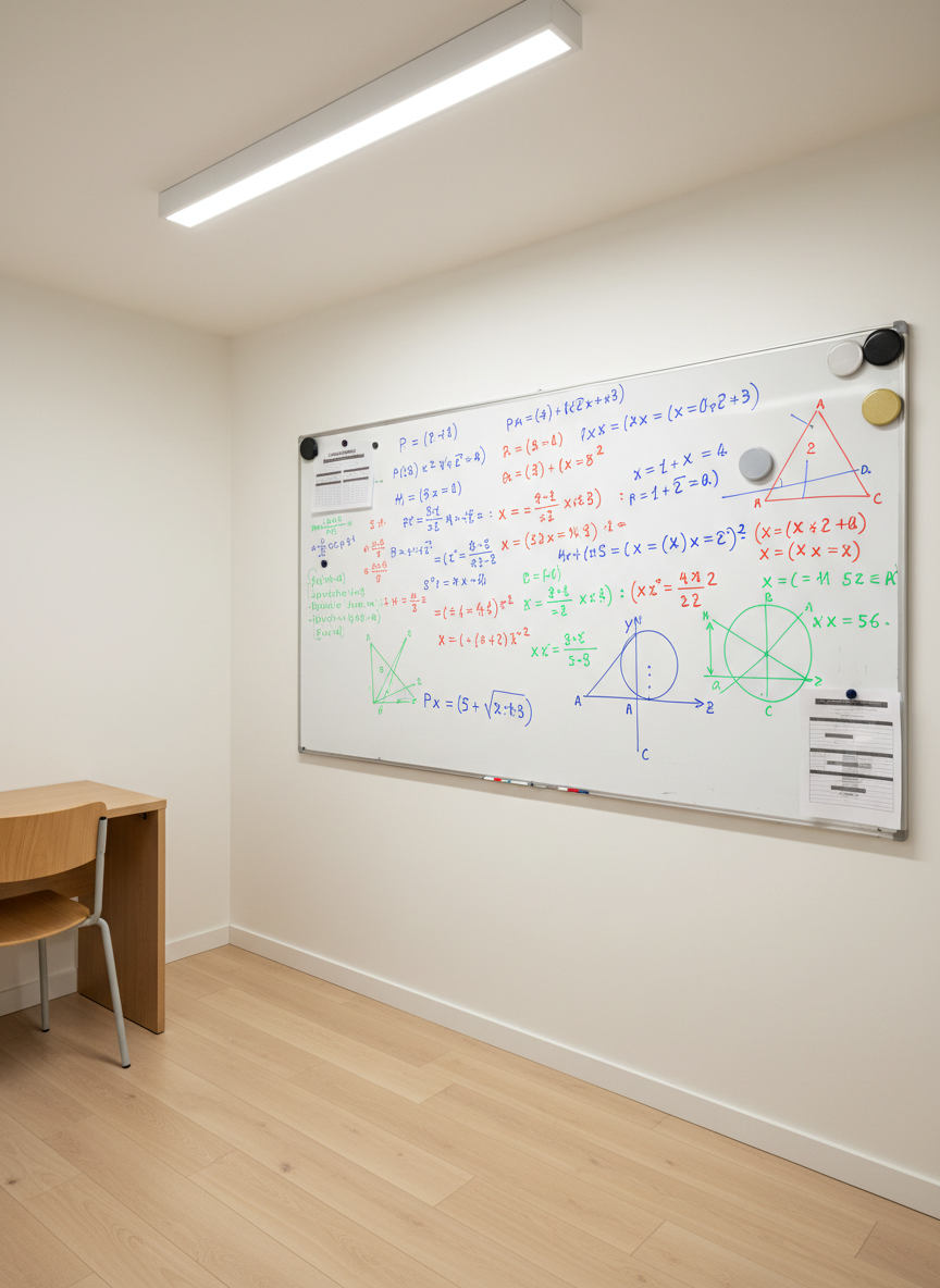 A large whiteboard filled with clearly organized handwritten mathematics, including functions, inequalities, and geometric diagrams, carefully color-coded with blue, green, and red markers. Magnetic accessories hold printed schedules titled with non-readable blocks, hinting at Parcoursup deadlines and exam dates without actual text. The whiteboard stands in a bright, minimalist tutoring room with pale walls and a smooth wooden floor. Overhead diffused LED lighting casts even, shadow-free illumination, emphasizing clarity and structure. Captured straight-on in photographic realism with sharp focus across the entire frame, the composition uses rule of thirds, leaving negative space on one side to convey breathing room. The atmosphere feels structured, motivating, and distinctly academic, suggesting expert support in maths.