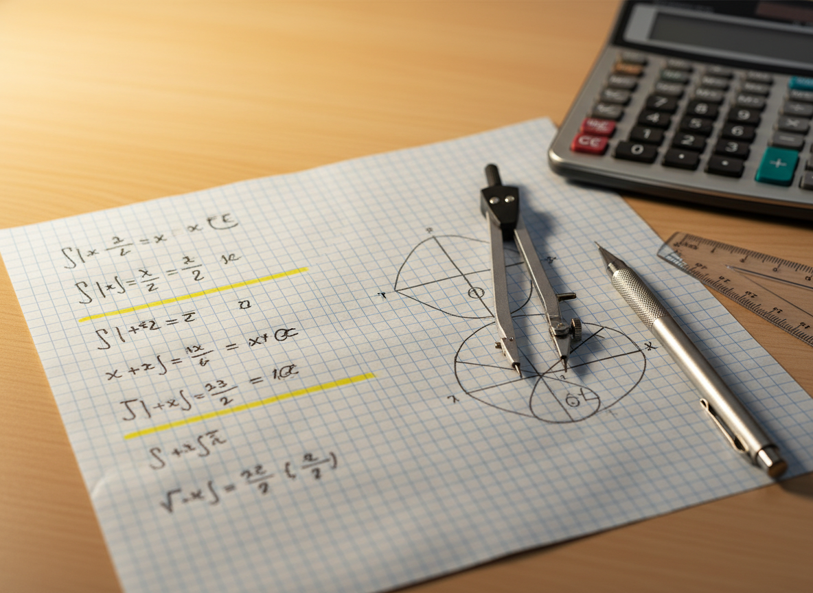 A close-up of neatly annotated maths exercises on squared paper, featuring a sequence of algebraic steps, geometric constructions with compass arcs, and highlighted final results, all rendered without legible text. A high-quality mechanical pencil, transparent ruler, and scientific calculator rest nearby, their surfaces catching soft reflections. The paper lies on a smooth, light wooden desk with a faint grain texture. Warm desk-lamp lighting falls from the upper left, casting delicate, directional shadows that emphasize precision and detail. Photographic realism with a tight, centered composition and shallow depth of field keeps the main solution in sharp focus while gently blurring the surrounding objects. The atmosphere is studious, methodical, and encouraging, evoking the step-by-step guidance of personalized maths tutoring.
